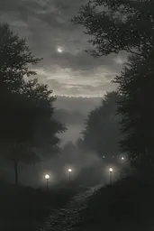 Midjourney generated image using SREF code Mythic Stillness: A black and white photo of a foggy night with street lights.