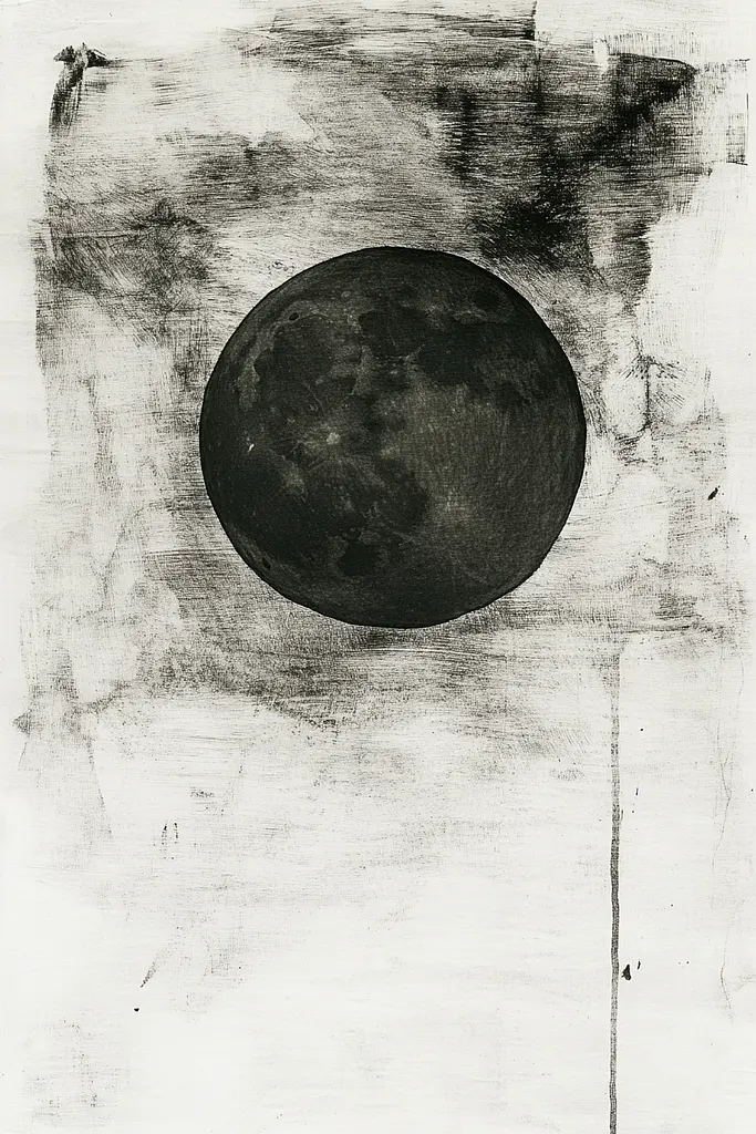 Midjourney generated image using SREF code Monochrome Etching: A black and white drawing of a full moon.