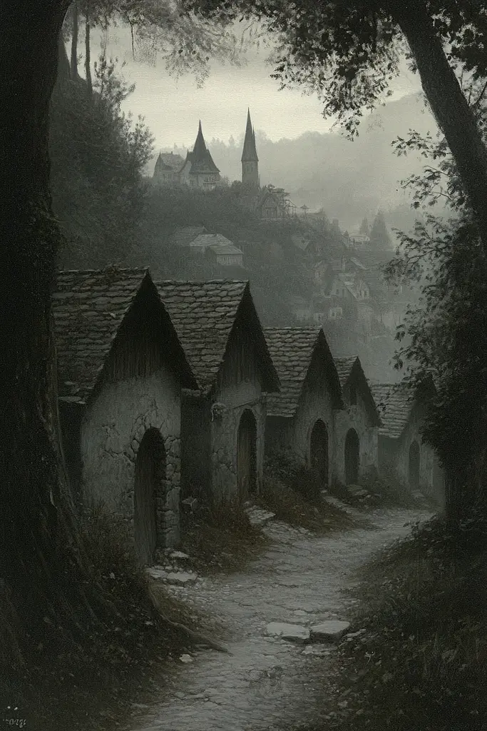 Midjourney generated image using SREF code Mythic Stillness: A black and white photo of a small village in the woods.