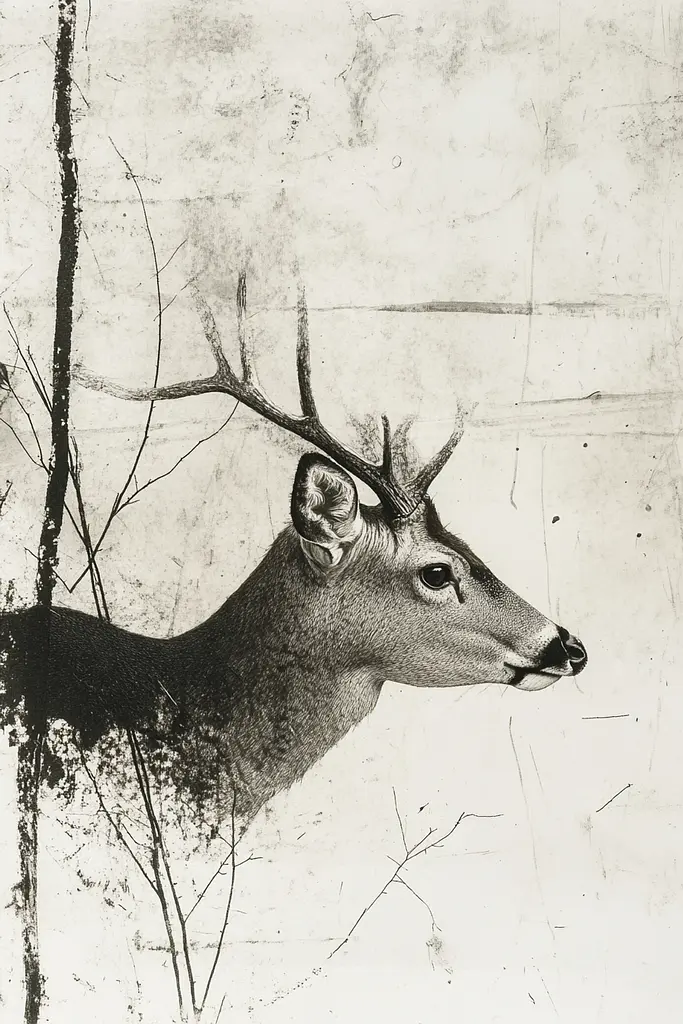 Midjourney generated image using SREF code Monochrome Etching: A black and white drawing of a deer in the woods.