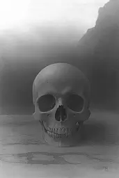 Midjourney generated image using SREF code Mythic Stillness: A black and white photo of a human skull on a table.