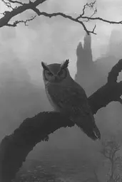 Midjourney generated image using SREF code Mythic Stillness: an owl sitting on top of a tree branch