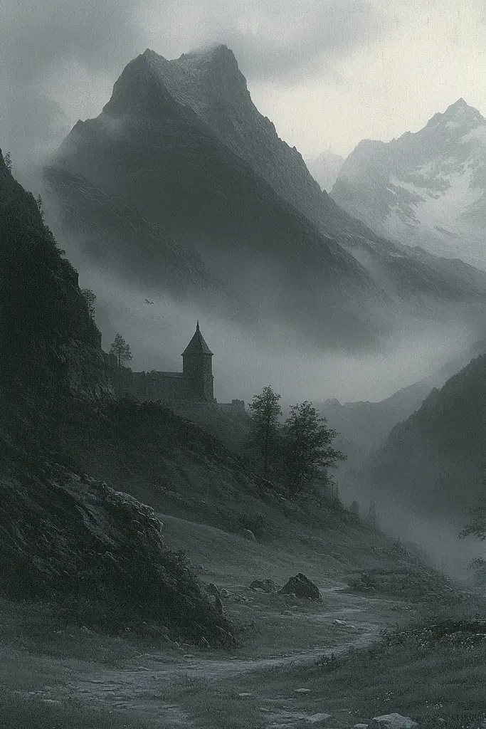 Midjourney generated image using SREF code Mythic Stillness: A black and white photo of a castle in the mountains.