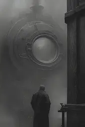 Midjourney generated image using SREF code Mythic Stillness: A man standing in front of a large round window.