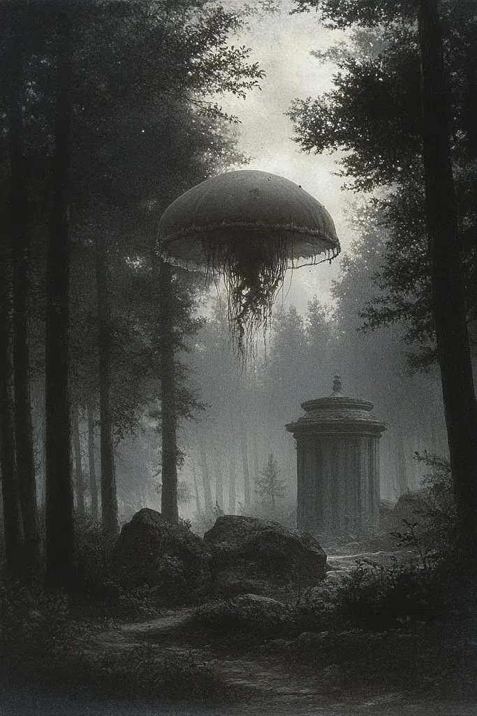 Midjourney generated image using SREF code Mythic Stillness: A black and white photo of a mushroom in the woods.