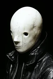 Midjourney generated image using SREF code Masked Void: A man in a leather jacket with a white mask on.