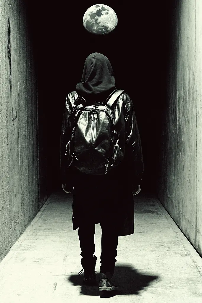 Midjourney generated image using SREF code Masked Void: A person walking down a dark hallway with a backpack.