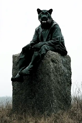 Midjourney generated image using SREF code Masked Void: A statue of a man sitting on top of a rock.