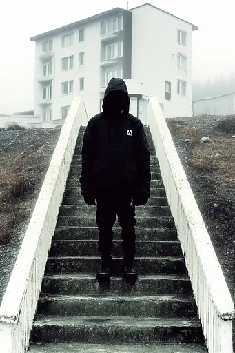 Midjourney generated image using SREF code Masked Void: A person in a black hoodie standing on a set of stairs.