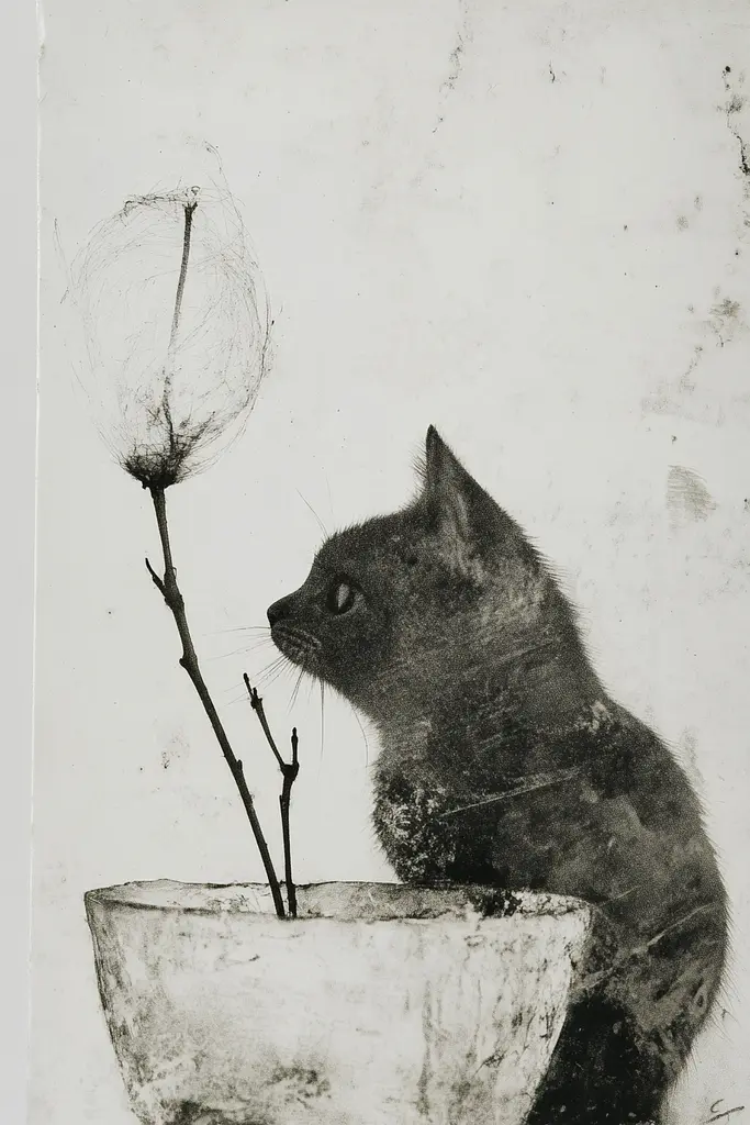 Midjourney generated image using SREF code Monochrome Etching: A black and white photo of a cat sitting in a bowl.