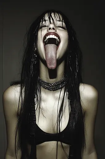 Midjourney generated image using SREF code Masked Void: A woman with long black hair sticking out her tongue.