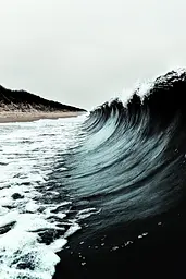 Midjourney generated image using SREF code Masked Void: A black and white photo of a wave breaking on the beach.