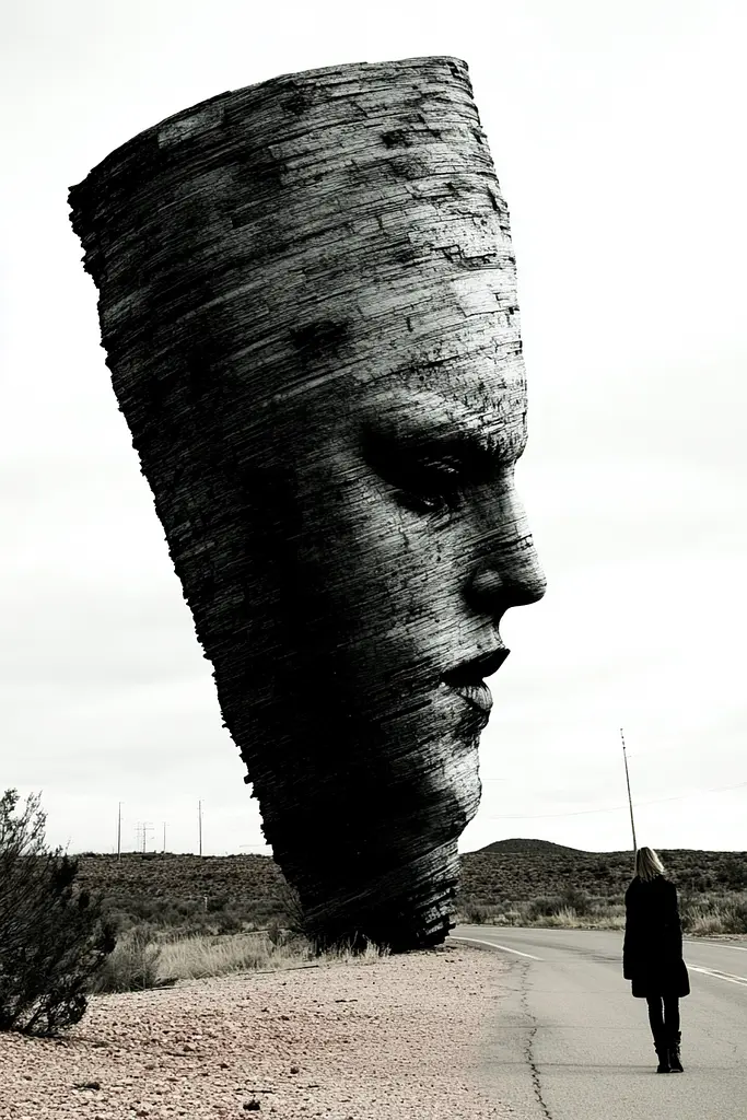 Midjourney generated image using SREF code Masked Void: A person walking down a road next to a large head sculpture.