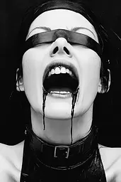 Midjourney generated image using SREF code Masked Void: A woman with a blindfold on her face with blood dripping from her mouth.