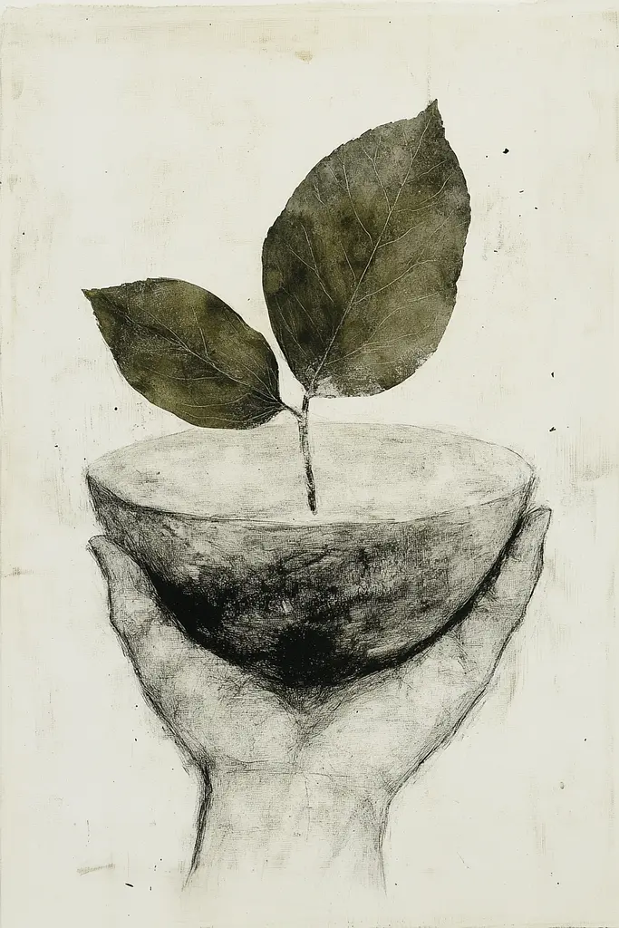 Midjourney generated image using SREF code Monochrome Etching: A drawing of a hand holding a bowl with a plant in it.