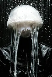 Midjourney generated image using SREF code Masked Void: A person in a black jacket with a white jellyfish on their head.