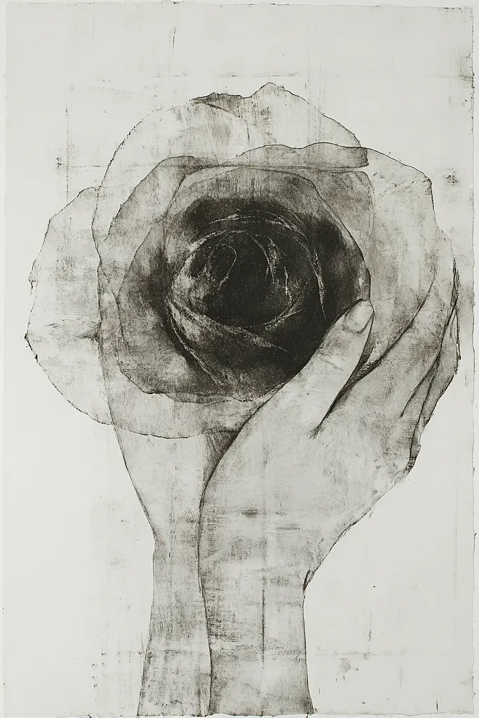 Midjourney generated image using SREF code Monochrome Etching: A black and white drawing of a hand holding a rose.