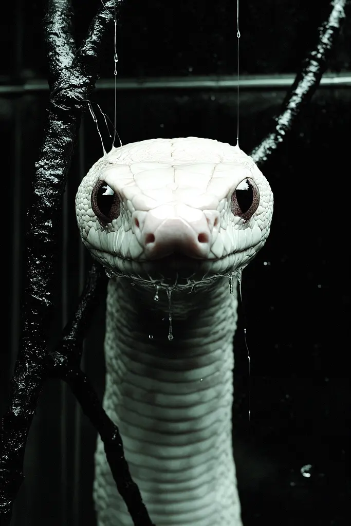 Midjourney generated image using SREF code Masked Void: A white snake with water droplets on its head.