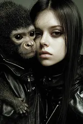 Midjourney generated image using SREF code Masked Void: A woman in a leather jacket holding a monkey.