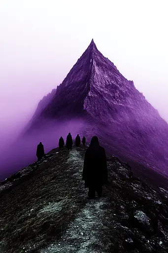 Midjourney generated image using SREF code Masked Void: A group of people standing on top of a mountain.