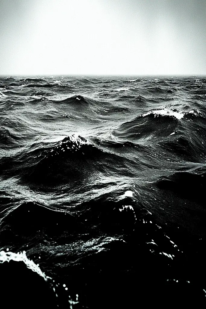 Midjourney generated image using SREF code Masked Void: A black and white photo of the ocean.