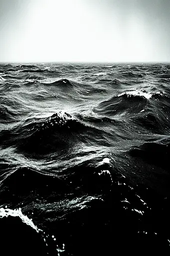 Midjourney generated image using SREF code Masked Void: A black and white photo of the ocean.