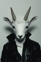 Midjourney generated image using SREF code Masked Void: A man wearing a goat mask and a leather jacket.