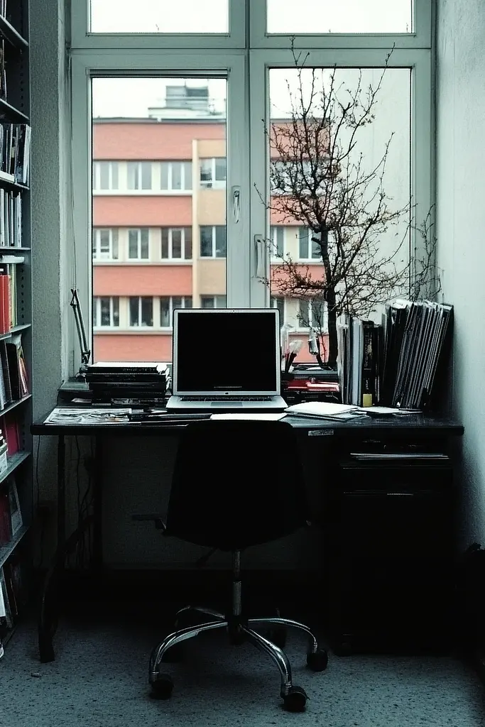 Midjourney generated image using SREF code Masked Void: A laptop computer sitting on top of a desk in front of a window.