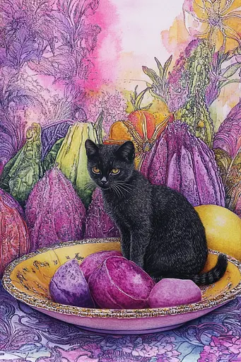 Midjourney generated image using SREF code VLORI: A black cat sitting in a bowl of fruit and vegetables.