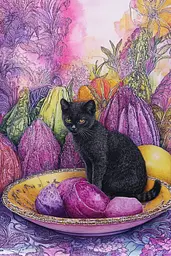 Midjourney generated image using SREF code VLORI: A black cat sitting in a bowl of fruit and vegetables.