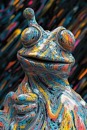 Midjourney generated image using SREF code Kaleidoscopic Harmony: A colorful sculpture of a frog sitting on top of a rock.