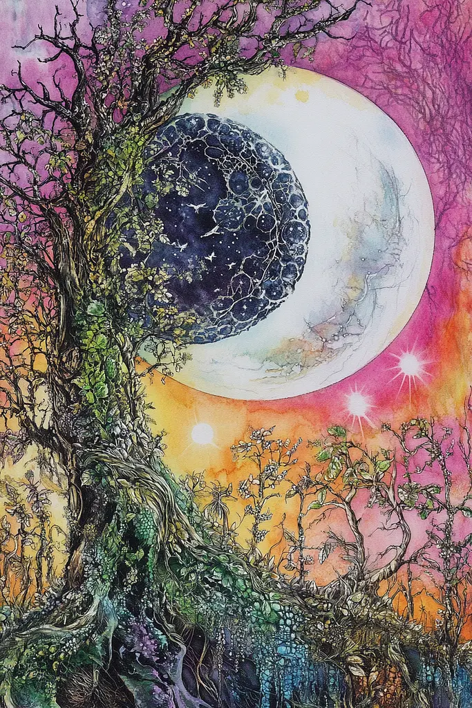 Midjourney generated image using SREF code VLORI: A painting of a tree with a full moon in the background.