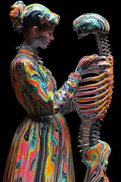 Midjourney generated image using SREF code Kaleidoscopic Harmony: A woman in a colorful dress holding a skeleton.