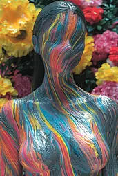 Midjourney generated image using SREF code Kaleidoscopic Harmony: A woman covered in colorful paint standing in front of flowers.