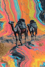 Midjourney generated image using SREF code Kaleidoscopic Harmony: A painting of two camels walking in the desert.