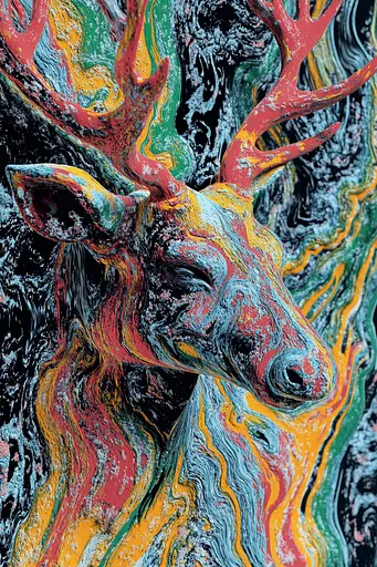 Midjourney generated image using SREF code Kaleidoscopic Harmony: A painting of a deer with antlers on a black background.