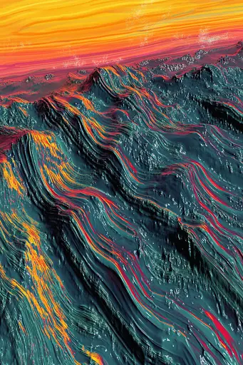 Midjourney generated image using SREF code Kaleidoscopic Harmony: A painting of a colorful landscape with mountains in the background.