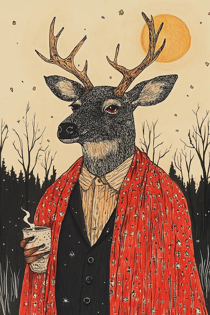 Midjourney generated image using SREF code Enchanted Tales: A drawing of a deer wearing a red coat and holding a cup of coffee.