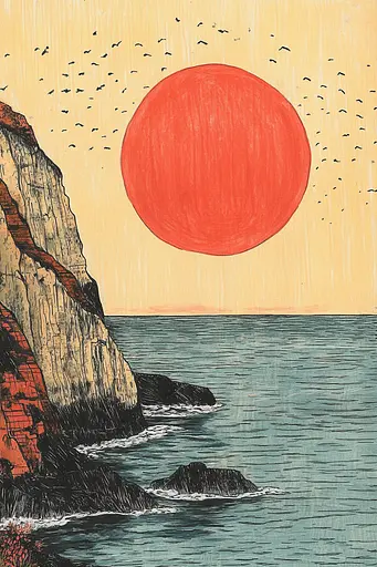 Midjourney generated image using SREF code Enchanted Tales: A painting of a red sun over the ocean with birds flying around.