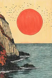 Midjourney generated image using SREF code Enchanted Tales: A painting of a red sun over the ocean with birds flying around.