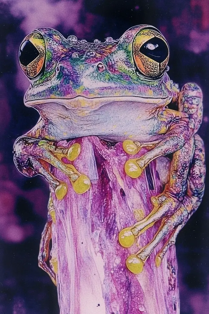 Midjourney generated image using SREF code VLORI: A frog sitting on top of a purple flower.