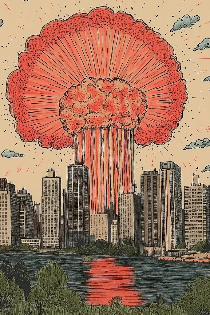 Midjourney generated image using SREF code Enchanted Tales: A drawing of a mushroom cloud over a city.