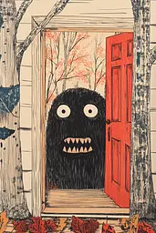 Midjourney generated image using SREF code Enchanted Tales: A black monster is standing in front of a red door.