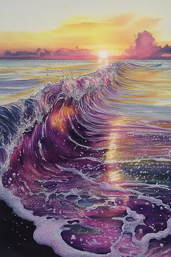 Midjourney generated image using SREF code VLORI: A painting of a sunset over the ocean with a wave.