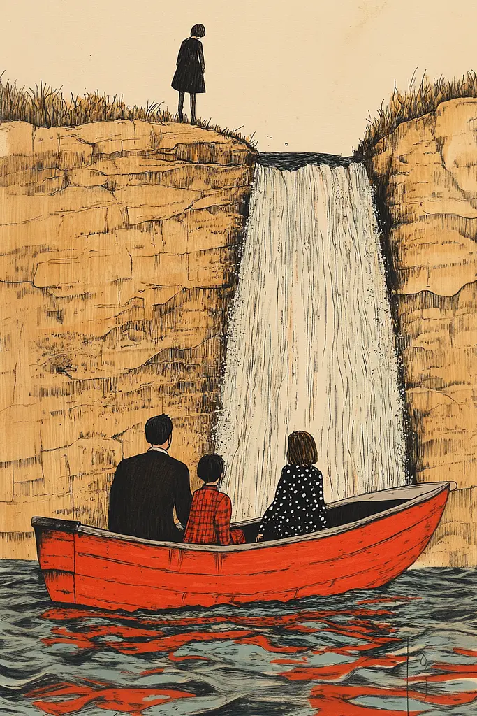 Midjourney generated image using SREF code Enchanted Tales: A couple of people in a red boat near a waterfall.