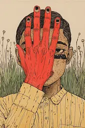 Midjourney generated image using SREF code Enchanted Tales: A drawing of a person with red hands covering their face.