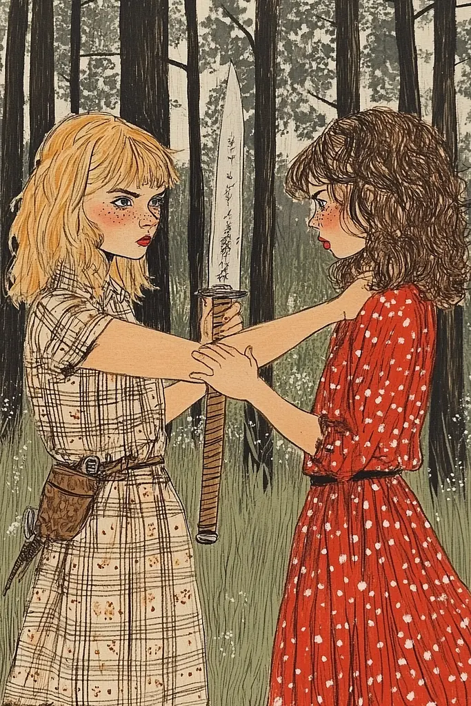 Midjourney generated image using SREF code Enchanted Tales: A painting of two girls holding swords in a forest.