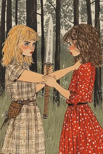 Midjourney generated image using SREF code Enchanted Tales: A painting of two girls holding swords in a forest.