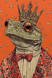 Midjourney generated image using SREF code Enchanted Tales: A frog wearing a crown and a bow tie.