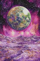 Midjourney generated image using SREF code VLORI: A painting of a planet in the middle of a desert.